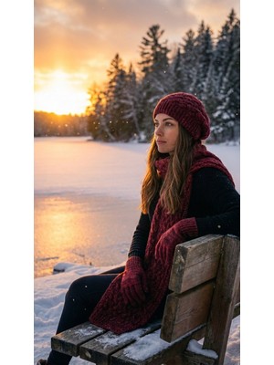 Emybox Kadın Örgü Desenli Ressam Bere Atkı Eldiven 3'lü Set Kışlık Takım Taş