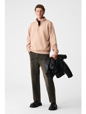 Grimelange Baxter Erkek Dik Yakalı Fermuarlı Relaxed Vizon Sweatshirt