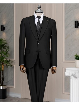 Italyan Stil Slim Fit Sivri Yaka Ceket Yelek Pantolon Takım Elbise Siyah T15059