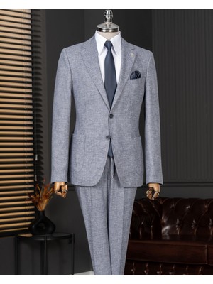 Italyan Stil Slim Fit Mono Yaka Ceket Pantolon Takım Elbise Mavi T14363