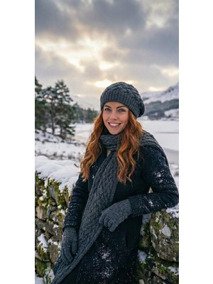 Emybox Kadın Örgü Desenli Ressam Bere Atkı Eldiven 3'lü Set Kışlık Takım Taş