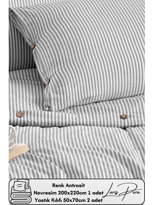 Ipliği Boyalı Pamuklu Çift Kişilik Çizgili Düğmeli Nevresim Seti 200X220 cm King Size