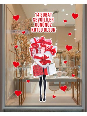 New Jargon Hediye ve Kalp Tasarımlı Romantik 14 Şubat Sticker - Sevgililer Günü Cam Kapı Vitrin Mağaza Süsleme