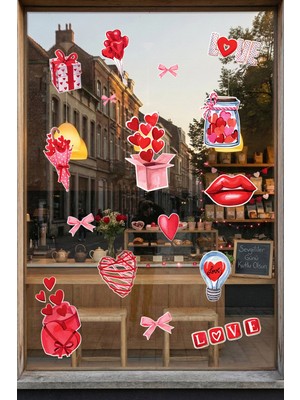 New Jargon Hediye Kutusu & Kalpler Aşk Temalı Karışık Sticker Seti - Romantik Cam Kapı Duvar Vitrin Dekoru