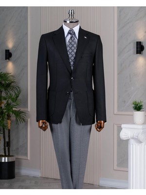 Italyan Stil Slim Fit Erkek Ceket Pantolon Kombin Takım Elbise Siyah T14670