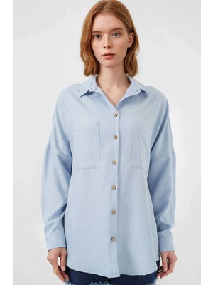 Hazelin Kadın Buz Mavi Oversize Çift Cepli Keten Gömlek HZL22S-BD1201261