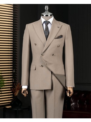 Italyan Stil Slim Fit Kruvaze Ceket Pantolon Takım Elbise Haki T14740
