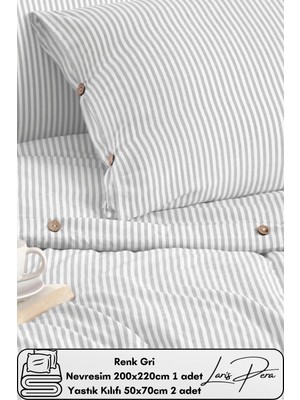 Ipliği Boyalı Pamuklu Çift Kişilik Çizgili Düğmeli Nevresim Seti 200X220 cm King Size