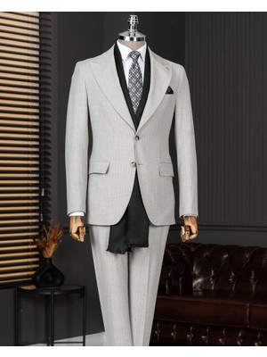 Italyan Stil Slim Fit Sivri Yaka Ceket Pantolon Takım Elbise Gri T14754