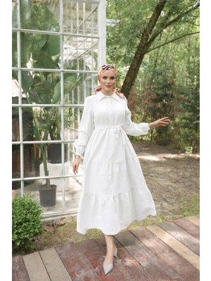 Comstar Kadın Trend Şık Terikoton Beyaz Uzun Elbise