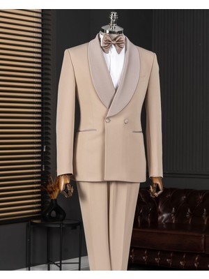Italyan Stil Slim Fit Şal Yaka Ceket Pantolon Damatlık Set Bej T13699