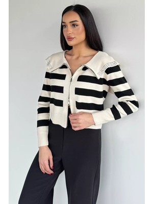 Gülseli Yaka Detaylı Çizgili Triko Hırka (S,m,l Uyumludur) P-00018210