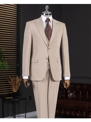 Italyan Stil Slim Fit Sivri Yaka Ceket Yelek Pantolon Takım Elbise Bej T14859