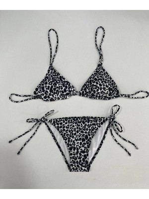 Hazelin Kadın Leopar Siyah Boyundan Ip Bağlamalı Üçgen Bikini Takımı HZL25S-LC5005