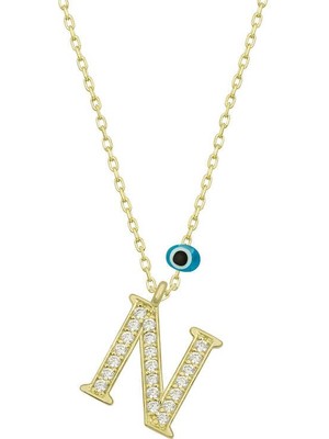 Katre46 925 Ayar Gümüş Nazar Gold N Harfi Kadın Gümüş Kolye