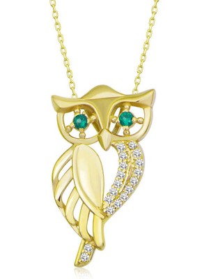 Katre46 ​925 Ayar Gümüş Gold Yeşil Gözlü Baykuş Kadın Gümüş Kolye