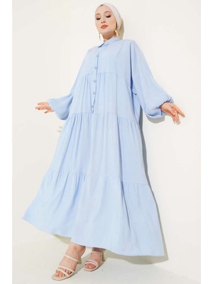 Tesettür Diyarı Kadın Yazlık Kumaş Gömlek Elbise- Bebe Mavisi