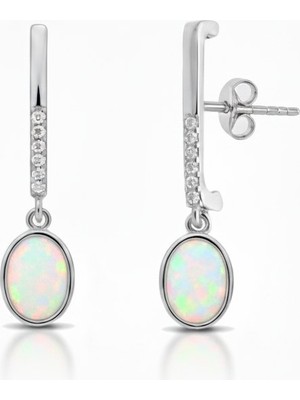 Silveranka 925 Ayar Gümüş Beyaz Opal Oval Taşlı Küpe