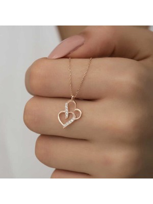 Katre46 925 Ayar Gümüş Rose Birleşmiş Kalpler Kadın Gümüş Kolye