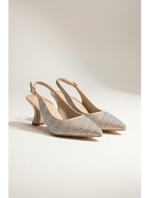 Preshley Kadın Emma Altın Saten Taşlı 7 cm Ince Topuklu Ayakkabı & Stileto