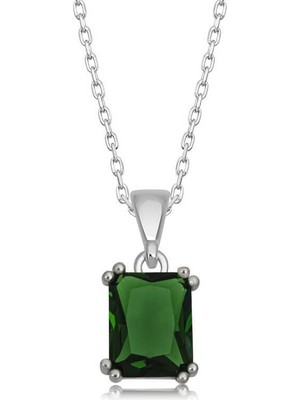 Katre46 925 Ayar Gümüş Yeşil Kristal Kare Taşlı Kadın Gümüş Kolye