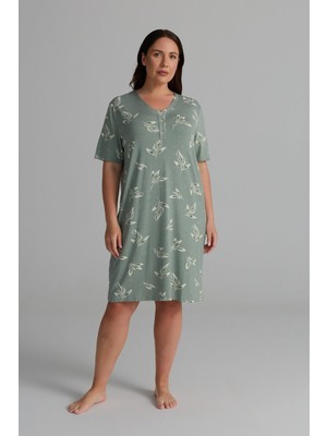 Hays Kadın Plus Size Viskon V Yaka Kısa Kollu Düğmeli Gecelik