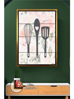 KOSS Dijital Çiçek Desenli Mutfak Temalı Çerçeveli Kanvas Tablo – Çırpıcı, Kaşık ve Spatula Figürlü Duvar Dekoru