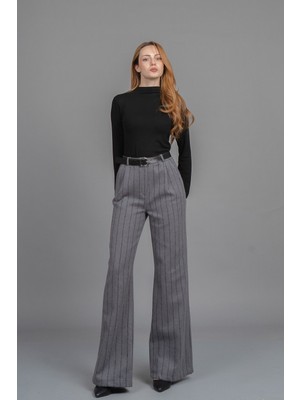 Yüksek Bel Çizgili Kaşe Bol Paça Kemerli Cepli Kadın Kışlık Pantolon – Missvina 30345