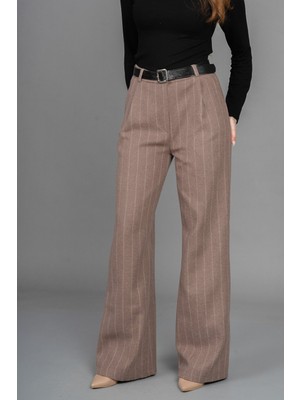 Yüksek Bel Çizgili Kaşe Bol Paça Kemerli Cepli Kadın Kışlık Pantolon – Missvina 30345