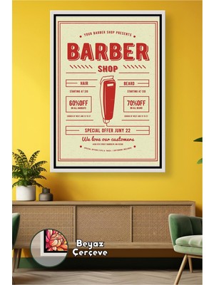 KOSS Dijital Berber ve Kuaförler Için Retro Tipografi Barber Shop Afişi Kırmızı Tasarım Çerçeveli Kanvas Tablo