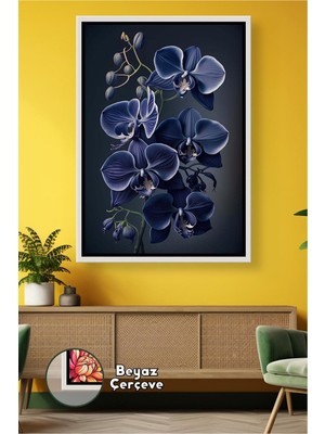 KOSS Dijital Lacivert Orkide Çiçeği ile Modern Salon ve Ofis Için Şık Duvar Dekoru Çerçeveli Kanvas Tablo