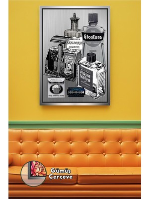 KOSS Dijital Berber ve Kuaförler Için Klasik Tıraş Ürünleri Retro Illüstrasyon Çerçeveli Kanvas Tablo
