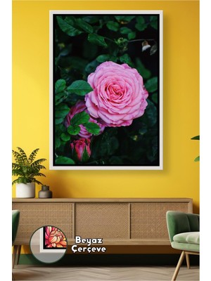 KOSS Dijital Pembe Gül Yeşil Yapraklı Bahçe Görünümü Ev Dekoru Romantik Duvar Alanı Çerçeveli Kanvas Tablo