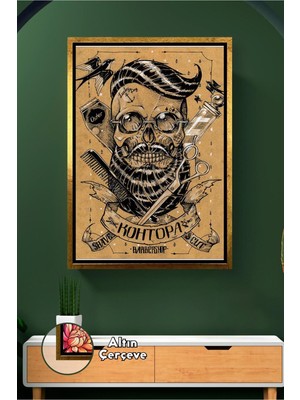 KOSS Dijital Berber ve Kuaförler Için Kafatası Sakal Makas Tasarımlı Retro Çerçeveli Kanvas Tablo