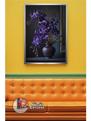 KOSS Dijital Vazoda Mor Orkide Görseli ile Koyu Ton Şık Duvar Salon ve Ofis Dekoru Çerçeveli Kanvas Tablo