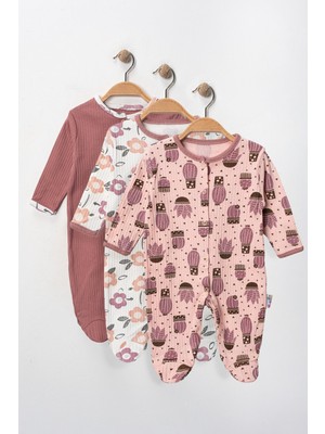 Kız Bebek Yenidoğan 3-6-9 Kaktüs Çiçek Desenli Patikli 3lü Tulum Yenidoğan Kıyafet Seti