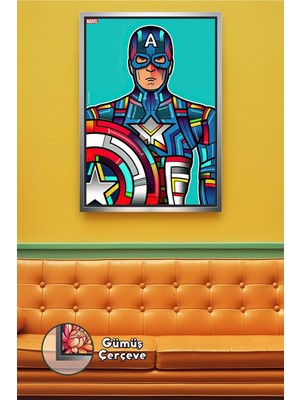 KOSS Dijital Captain America Marvel Duvar Dekorasyonu Renkli Kalkan Detaylı Genç Odası Çerçeveli Kanvas Tablo
