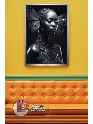 KOSS Dijital Siyah Kelebek Detaylı Kadın Portresi Sanatsal Duvar Görseli Zarif Yüz Hatları Çerçeveli Kanvas Tablo