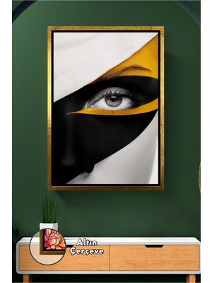 KOSS Dijital Sarı Siyah Kontrastlı Tek Göz Detaylı Kadın Portre Modern Duvar Sanatı Çerçeveli Kanvas Tablo