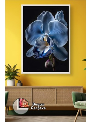 KOSS Dijital Mavi Orkide Çiçeği Siyah Fon Çiçek Fotoğrafı Lüks Dekoratif Duvar Tasarımı Çerçeveli Kanvas Tablo