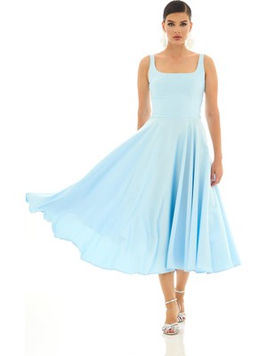 Carmen Kadın Sırt Dekolteli Midi Saten Abiye Elbise 58131 Mavi