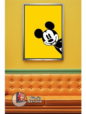 KOSS Dijital Sarı Zemin Mickey Mouse Minimal Tasarım Çerçeveli Kanvas Tablo Çocuk Odası Duvar Dekoru