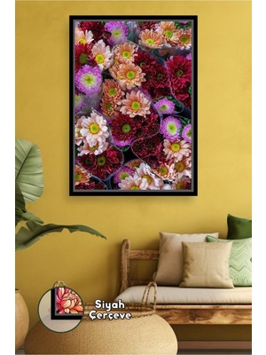 KOSS Dijital Renkli Kasımpatı Çiçek Desenli Dekoratif Tablo Salon ve Mutfak Için Çerçeveli Kanvas Tablo