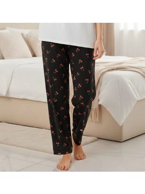 Erdenay Tekstil Ipeksi Dokulu Süet Pijama Altı Lacivert Kiraz Desenli