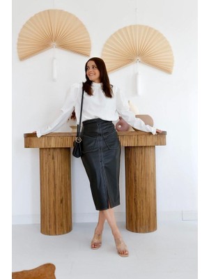 Kendim Fashion Siyah Cep Detaylı Deri Etek