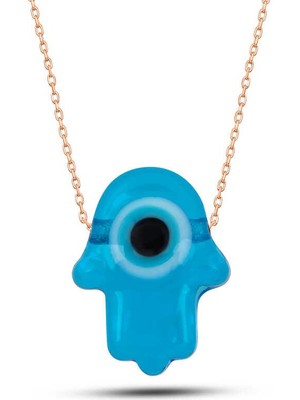 Katre46 Gümüş Rose Mavi Nazarlı Cam Fatma Ana Eli Kadın Kolye