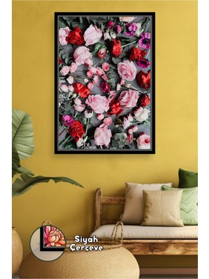 KOSS Dijital Gül Deseni Çiçek Tablosu Pembe ve Kırmızı Dekoratif Salon ve Yatak Odası Için Çerçeveli Kanvas Tablo