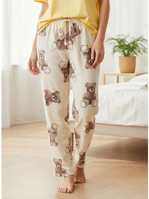 Erdenay Tekstil İpeksi Dokulu Süet Pijama Altı Krem Ayıcık Desenli