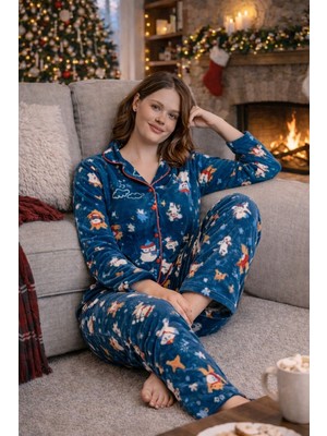 Nisanca Kışlık Yılbaşı Desenli Kadın Gömlek Polar Pijama Takımı- Geyikli Yılbaşı Pijaması- Büyük Beden Pijama