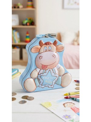 Biton Toptan Sevimli Figürlü Kilitli Metal Kumbara - Çocuklar Için Metal Para Biriktirme Kutusu Mavi